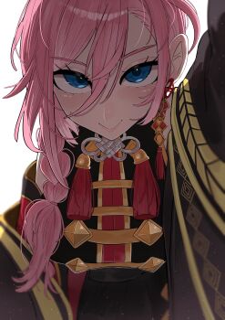 1girl :&gt; absurdres blue_eyes braid braided_ponytail breasts china_dress chinese_clothes dress endless_knot hair_between_eyes highres hololive jewelry kabedon kabedon_on_viewer long_hair_between_eyes official_alternate_costume pink_hair smile takane_lui takane_lui_(china_dress) virtual_youtuber yuuppi