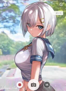 1girl blue_eyes blush breasts camera dangan_kurabu grey_hair grey_skirt hair_ornament hair_over_one_eye hairclip hamakaze_(kancolle) hashtag-only_commentary highres kantai_collection large_breasts looking_at_viewer neckerchief open_mouth original pleated_skirt sailor_collar school_uniform serafuku short_hair short_sleeves skirt taking_picture yellow_neckerchief