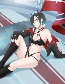 1girl absurdres azur_lane bikini black_bikini black_hair black_jacket breasts car cleavage commentary_request cross_piercing crotch_zipper ear_piercing feet_out_of_frame hair_between_eyes highres horns jacket long_sleeves looking_at_viewer mechanical_horns medium_breasts motor_vehicle multicolored_hair navel navel_piercing official_alternate_costume on_car open_clothes open_jacket piercing pusilapusila race_flag race_queen red_horns short_hair sitting solo swimsuit two-tone_hair ulrich_von_hutten_(azur_lane) ulrich_von_hutten_(ignition_matrician)_(azur_lane) white_hair yellow_eyes zipper_bikini
