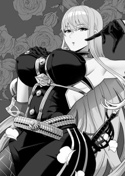 1girl animenokuni armpits backless_outfit black_gloves breasts eyebrows_hidden_by_hair floral_background flower gloves greyscale hair_between_eyes hand_on_own_chest large_breasts long_hair looking_at_viewer monochrome petals rose rose_background saber_(weapon) selvaria_bles senjou_no_valkyria senjou_no_valkyria_(series) senjou_no_valkyria_1 sheath sheathed simple_background sleeve_cuffs sleeveless solo sword upper_body weapon