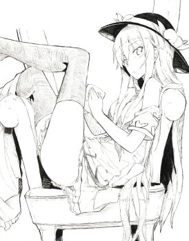 Rule 34 | 1girl, absurdres, between breasts, black thighhighs, blouse, breasts, chair, cup, cupping, female focus, food, fruit, convenient hair, hat, highres, hinanawi tenshi, holding, long hair, looking at viewer, looking to the side, monochrome, mug, neck ribbon, necktie, necktie between breasts, neropaso, off shoulder, open clothes, open shirt, peach, reclining, ribbon, shirt, short sleeves, sideways glance, simple background, sketch, solo, thighhighs, touhou, very long hair, white background