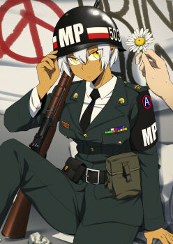 1girl 1other absurdres ammunition_pouch armband battle_rifle belt breasts collar collared_shirt combat_helmet dark_skin epaulettes flower graffiti gun helmet highres lapel_pin lapels m14 m1_helmet military military_uniform mrxinom necktie original pants paper pouch pov pov_hands rifle shirt short_hair sitting united_states_army weapon white_hair yellow_eyes