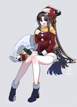 1girl absurdres black_boots black_gloves blue_eyes boots bow commentary_request dress fate/grand_order fate_(series) gift gloves hat highres legs long_hair long_sleeves looking_at_viewer o_mochi_(usami31mi) sack santa_costume santa_dress santa_hat scarf sitting smile solo thighs translation_request twitter_username ushiwakamaru_(fate) very_long_hair yellow_scarf