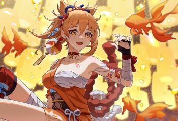 1girl :d absurdres arm_tattoo bandaged_arm bandaged_leg bandages bare_shoulders black_gloves blonde_hair breasts chest_sarashi chest_tattoo chinese_commentary choker cleavage collarbone commentary_request earrings fingerless_gloves fish genshin_impact gloves goldfish hadanugi_dousa hair_between_eyes hair_ornament hand_up highres homura2414 japanese_clothes jewelry kimono looking_at_viewer makeup medium_breasts obi open_kimono open_mouth orange_eyes orange_kimono ponytail red_choker rope sarashi sash shimenawa sitting smile solo tattoo yellow_eyes yoimiya_(genshin_impact)