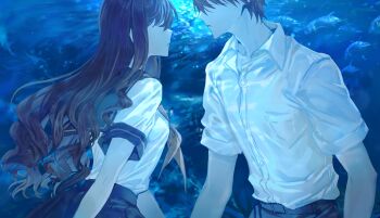 1boy 1girl aquarium black_pants black_sailor_collar black_skirt brown_hair buttons collared_shirt fate/extra fate/grand_order fate_(series) fish grey_sailor_collar highres kishinami_hakuno_(female) kishinami_hakuno_(female)_(mooncancer) kishinami_hakuno_(male) kishinami_hakuno_(male)_(mooncancer) long_hair muneomon_(takomon) neckerchief orange_neckerchief orange_outline orange_trim outline pants pleated_skirt sailor_collar shirt short_sleeves skirt wavy_ends wavy_hair white_shirt