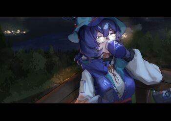 1girl absurdres against_railing black_gloves blue_archive blue_eyes blue_hair blue_hat blue_jacket breasts bucket_hat camera chihiro_(blue_archive) chihiro_(camp)_(blue_archive) commentary_request crossed_bangs cup drinking glasses gloves hair_between_eyes halo hat highres holding holding_cup jacket large_breasts letterboxed long_sleeves minibeat night official_alternate_costume official_alternate_hairstyle outdoors railing semi-rimless_eyewear short_hair sidelocks solo steam under-rim_eyewear upper_body wooden_railing yellow_jacket