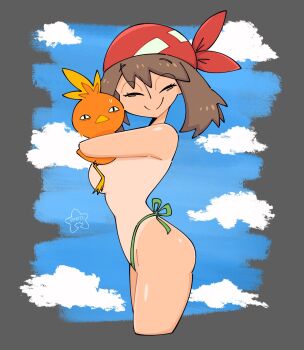 1girl baby_animal bandana bird brown_hair chick closed_eyes closed_mouth commentary cropped_legs english_commentary gen_3_pokemon highres hug long_hair may_(pokemon) nintendo pokemon pokemon_(creature) pokemon_rse qtip_xd red_bandana smile solo split_mouth topless_female torchic