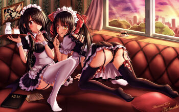 2girls all_fours alternate_costume apron backless_dress backless_outfit black_hair black_legwear black_panties bow bowtie clock_eyes commentary_request date_a_live dress dual_persona finger_to_mouth frilled_dress frilled_legwear frills garter_straps hair_bow hair_over_one_eye hair_over_shoulder heterochromia highres holding holding_tray indoors long_hair looking_at_viewer maid maid_headdress menu multiple_girls panties red_bow red_eyes revision sunset symbol-shaped_pupils thighhighs tokisaki_kurumi translated tray tsubasaki twintails underwear white_apron white_legwear window wristband yellow_eyes