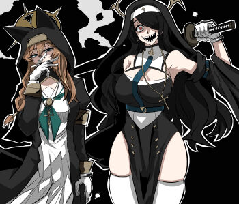 2girls absurdres animal_ears armpits bare_shoulders black_coat black_dress black_hair black_jacket black_veil blue_archive blue_eyes braid breasts coat commentary_request crazy_eyes detached_sleeves dress ears_through_headwear gloves green_neckerchief hair_over_one_eye halo hellsing highres hinata_(blue_archive) holding holding_sword holding_weapon jacket katana large_breasts long_hair mari_(blue_archive) multiple_girls neckerchief nun open_clothes open_coat open_mouth orange_hair rakku_(10219563) red_eyes shaded_face sharp_teeth single_braid smoking sword teeth thighhighs veil weapon white_dress white_gloves white_thighhighs yellow_halo