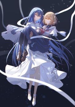 2girls absurdres air_bubble black_pantyhose blonde_hair blue_eyes blue_hair blue_skirt breasts brown_shoes bubble carrying closed_mouth commentary crossed_bangs dress hair_between_eyes highres innoarukugyou layered_sleeves loafers long_dress long_hair long_skirt long_sleeves looking_at_another medium_breasts multiple_girls neckerchief oumi_shiori pantyhose parted_lips pleated_skirt princess_carry red_neckerchief sailor_collar school_uniform shirt shoes short_hair short_over_long_sleeves short_sleeves skirt sleeves_past_wrists smile symbol-only_commentary underwater very_long_hair watashi_wo_tabetai_hitodenashi white_dress white_sailor_collar white_shirt white_shoes yaotose_hinako yellow_eyes