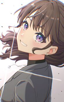 1girl black_sweater blush brown_hair chain chain_necklace chromatic_aberration commentary floating_hair from_behind fujishima_megumi fujishima_megumi_(post-graduation) glint grey_jacket grin highres jacket jewelry link!_like!_love_live! long_hair looking_at_viewer love_live! necklace ponytail purple_eyes smile solo suit_jacket sweater tera_dash turtleneck turtleneck_sweater virtual_youtuber