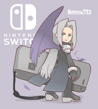 1boy aqua_eyes armor artist_name bangle black_boots black_coat black_feathers black_gloves black_wings boots bracelet chibi chibi_only closed_mouth coat controller falling_feathers feathers final_fantasy final_fantasy_vii game_controller gloves grey_background grey_hair highres jewelry joy-con lesuna long_coat long_hair looking_at_viewer male_focus nintendo_switch parted_bangs pauldrons sephiroth shoulder_armor single_wing smile solo standing wings