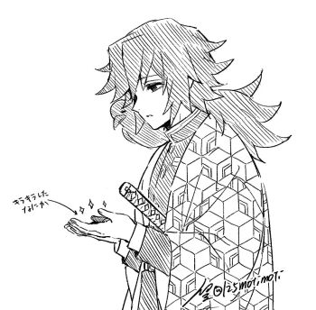 1boy animal animal_on_shoulder bird bird_on_shoulder crow greyscale hands_up kanzaburou_(kimetsu_no_yaiba) katana kikkoumon kimetsu_no_yaiba long_hair looking_down low_ponytail male_focus monochrome parted_lips ponytail simple_background solo sujiko_(125motimoti) sword tomioka_giyuu twitter_username weapon white_background