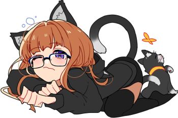 1girl animal_ear_fluff animal_ears animal_hood arched_back black-framed_eyewear black_hoodie black_shorts black_thighhighs blunt_bangs bug butterfly cat cat_ears cat_girl cat_hood cat_tail clenched_hands closed_mouth commentary_request full_body glasses hands_on_ground highres hood hoodie insect kemonomimi_mode long_hair long_sleeves looking_ahead maitakepasuta morgana_(cat)_(persona_5) morgana_(persona_5) no_shoes on_ground one_eye_closed orange_hair persona persona_5 purple_eyes rectangular_eyewear sakura_futaba shorts sidelocks simple_background tail thighhighs tuxedo_cat white_background yellow_butterfly