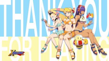 alia_(mega_man) android artist_request bikini bikini_top_only blonde_hair blue_eyes breasts cleavage dark-skinned_female dark_skin food frilled_bikini frills front-tie_bikini_top front-tie_top full_body hair_over_eyes headgear hime_cut ice_cream ice_cream_cone knees_together_feet_apart large_breasts layer_(mega_man) lips long_hair mega_man_(series) mega_man_x_(series) mole multiple_girls official_art pallette_(mega_man) popsicle purple_hair robot_ears sitting smile swimsuit underboob zero_(mega_man)