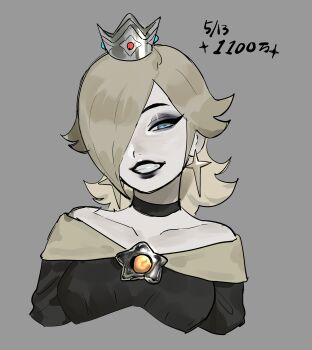 1girl absurdres bare_shoulders black_choker black_dress black_eyeshadow black_lips blonde_hair blue_eyes breasts brooch choker collarbone commentary_request cropped_torso crown dancho_no_mori dress earrings eyeshadow goth_fashion grey_background hair_over_one_eye highres jewelry long_hair makeup mario_(series) medium_breasts nintendo off-shoulder_dress off_shoulder open_mouth rosalina smile solo star_(symbol) star_brooch star_earrings teeth upper_body