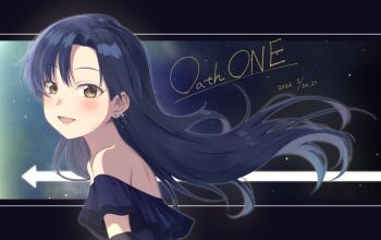 1girl arrow_(symbol) bare_shoulders blue_dress blue_hair blush brown_eyes commentary_request dress earrings floating_hair frilled_dress frills from_side idolmaster idolmaster_(classic) jewelry kisaragi_chihaya long_hair looking_at_viewer looking_to_the_side mofujiro open_mouth smile solo