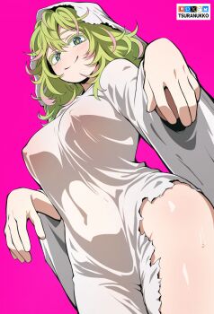 1girl bilingual_commentary bluesky_logo boku_no_hero_academia breasts commentary covered_erect_nipples english_commentary fanbox_logo ghost_costume green_eyes green_hair hagakure_toru halloween_costume large_breasts mixed-language_commentary multicolored_hair patreon_logo pink_background pink_hair pixiv_logo smile solo streaked_hair thighs tsuranukko twitter_x_logo two-tone_hair