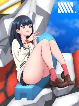 Rule 34 | 1girl, ass, black hair, black skirt, blue eyes, bow, bowtie, cardigan, gridman (character), gridman (ssss), gridman universe, highres, long hair, long sleeves, looking at viewer, mecha, pleated skirt, red bow, red socks, robot, school uniform, scrunchie, shirt, shoes, sitting, skirt, socks, ssss.gridman, takarada rikka, thighs, tokusatsu, unamanju, white shirt, wrist scrunchie, yellow eyes