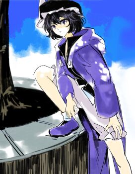 1other :t absurdres androgynous arm_on_thigh bare_legs black_hat black_shirt blue_sky boots buttons chinese_commentary closed_mouth coattails collared_shirt commentary commentary_request day detached_hood english_commentary foot_out_of_frame frilled_headwear frilled_shorts frills grey_shorts hair_between_eyes hand_on_own_leg hat high_collar highres holding holding_rock hood hood_down hooded_jacket jacket len&#039;en long_sleeves looking_at_viewer mixed-language_commentary mob_cap open_clothes open_jacket other_focus outdoors pointy_nose pout purple_boots purple_eyes purple_hair purple_jacket rock shade shirt shitodo_kuroji short_hair shorts sky socks solo sweatdrop tree triangular_headpiece uneven_footing white_socks wide_sleeves yancao_(pixiv_103434280) zipper