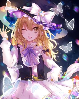 1girl black_bow black_vest blonde_hair bow bowtie braid bug butterfly commentary_request hair_bow hat hat_bow hat_ornament highres insect kazu_(muchuukai) kirisame_marisa long_hair long_sleeves looking_at_viewer one_eye_closed open_clothes open_mouth open_vest purple_bow purple_bowtie side_braid single_braid smile solo star_(symbol) star_hat_ornament touhou vest white_bow white_butterfly witch_hat yellow_eyes