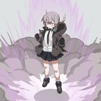 1girl ahoge ankle_socks black_gloves black_necktie black_skirt blush brown_jacket brown_shoes collared_shirt double-parted_bangs dragon_ball dragonball_z dress_shirt energy floating full_body girls'_frontline gloves grey_hair hair_between_eyes headphones headphones_around_neck highres hood hood_down hooded_jacket jacket looking_ahead low_ponytail m200_(girls'_frontline) miniskirt necktie open_clothes open_jacket pleated_skirt ponytail pout powering_up purple_eyes purple_socks scene_reference shirt shoes sidelocks simple_background skirt smart_oval smoke socks solo white_background white_shirt