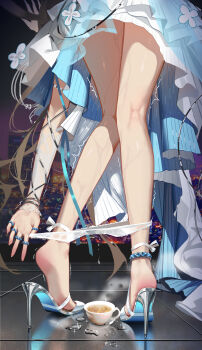 1girl absurdres amiya_(arknights) arknights bare_legs bent_over blue_dress clothes_pull cup dress drinking_glass from_behind high_heel_sandals highres huade_xiami jewelry leg_focus long_hair multiple_rings panties panty_pull ring sandals solo sweat trembling underwear very_long_hair white_panties wine_glass
