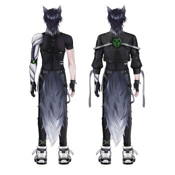 Rule 34 | 1boy, absurdres, animal ear piercing, animal ears, arms at sides, belt, black belt, black gloves, black hair, black jacket, black pants, black shirt, chest harness, commentary, cropped jacket, english commentary, facing away, fingerless gloves, fox boy, fox ears, fox tail, from behind, full body, gloves, grey hair, grey tail, harness, highres, indie virtual youtuber, jacket, male focus, mechanical arms, medium hair, multicolored hair, multiple views, no jacket, pants, second-party source, shirt, shoes, short sleeves, simple background, single fingerless glove, single mechanical arm, standing, suimachine, system shock, tail, transparent background, tsuuuno2, two-tone hair, two-tone tail, undershirt, virtual youtuber, white shoes, white tail, wristband