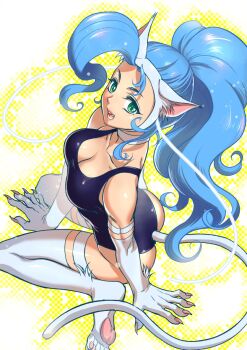1girl animal_ears ass bare_shoulders blue_hair breasts capcom cat_ears cat_girl cat_tail cleavage dark-skinned_female dark_skin darkstalkers felicia_(darkstalkers) female_focus from_above green_eyes large_breasts long_hair one-piece_swimsuit rfyuki_illust sitting sleeveless solo swimsuit tail very_long_hair white_fur