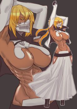 2023 abs armpit_crease armpits arms_up bleach blonde_hair breast_tattoo breasts colored_eyelashes cropped_jacket dark-skinned_female dark_skin espada frey_seamonster full_body green_eyes large_breasts mask medium_hair number_tattoo redrawn shiny_skin simple_background tattoo tier_harribel toned toned_female