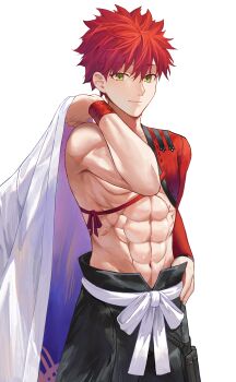 1boy abs absurdres copyright_request emiya_shirou fate_(series) highres kaze_22 male_focus red_hair senji_muramasa_(fate) solo white_background wristband yellow_eyes