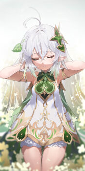 1girl absurdres ahoge berserker_r bloomers chinese_commentary closed_eyes commentary_request cowboy_shot dress genshin_impact hair_between_eyes hair_ornament highres long_hair nahida_(genshin_impact) parted_lips pointy_ears side_ponytail sidelocks solo underwear white_bloomers white_dress white_hair
