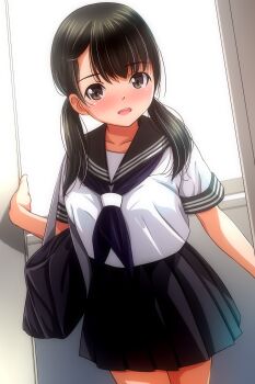 1girl absurdres bag black_hair black_skirt blush breasts commentary_request highres looking_at_viewer matsunaga_kouyou medium_breasts nose_blush open_mouth original pleated_skirt sailor_collar school_uniform serafuku skirt solo twintails