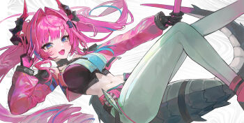 Rule 34 | 12kara34, absurdres, arknights, arknights: endfield, bare shoulders, black gloves, blue eyes, commentary request, crop top, dragon girl, dragon horns, dragon tail, drill hair, gloves, hair intakes, highres, horns, long hair, looking at viewer, multicolored gloves, multicolored hair, pants, pink hair, sidelocks, streaked hair, tail, tight clothes, tight pants, two-tone gloves, v, white pants, yvonne (arknights)