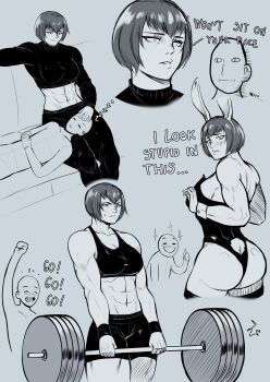 1boy 1girl abs absurdres animal_ears ass barbell crop_top english_text exercising highres lap_pillow long_sleeves looking_at_ass muscular muscular_female navel original playboy_bunny rabbit_ears sketch sleeping sparkle speedl00ver sweat sweater tank_top turtleneck turtleneck_sweater weightlifting zzz