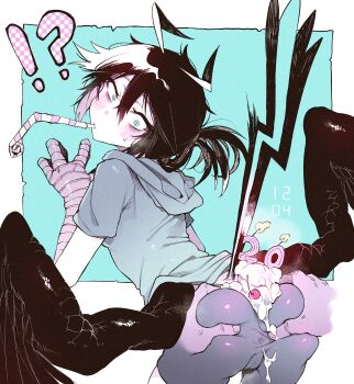 !? 1girl ass ass_grab bags_under_eyes bike_shorts birthday black_hair blush cake cameltoe crow-chan_(karasu_raven) disembodied_hand emo feathered_wings female_focus food from_behind highres hood impossible_clothes karasu_raven leaning_forward looking_back monster_girl original spread_ass wings