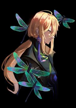 Rule 34 | 1boy, absurdres, ahoge, alkaid mcgrath, alkaid mcgrath (deimortem era), black background, black jacket, black shirt, blonde hair, bug, butterfly brooch, chinese commentary, closed mouth, dragonfly, earrings, expressionless, from side, glitch, green eyes, hair between eyes, highres, insect, jacket, jewelry, long hair, long hair between eyes, looking ahead, lovebrush chronicles, low ponytail, male focus, ponytail, profile, qiong xiang prayer, shirt, sidelocks, simple background, single earring, solo, tassel, tassel earrings, upper body