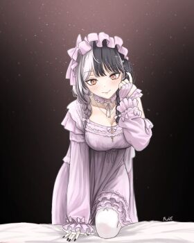 Rule 34 | 1girl, black hair, black nails, breasts, cleavage, closed mouth, highres, hololive, hololive english, large breasts, long hair, looking at viewer, mude (mudddddddde), multicolored hair, nightgown, official alternate costume, pink nightgown, shiori novella, shiori novella (sleepwear), smile, solo, split-color hair, two-tone hair, virtual youtuber, yellow eyes