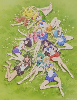 6+girls aino_minako aqua_hair aqua_sailor_collar aqua_skirt back_bow barefoot bishoujo_senshi_sailor_moon bishoujo_senshi_sailor_moon_(first_season) bishoujo_senshi_sailor_moon_s black_hair black_sailor_collar black_skirt blonde_hair blue_bow blue_bowtie blue_eyes blue_hair blue_sailor_collar blue_skirt bow bowtie chibi_usa circlet commentary double_bun english_commentary feet from_above green_eyes green_hair green_sailor_collar green_skirt hair_bow hair_bun hand_in_own_hair highres hino_rei kaiou_michiru key_chain_(sailor_moon) kino_makoto knee_up long_hair looking_at_viewer lying magical_girl meiou_setsuna miniskirt mizuno_ami multiple_girls on_grass on_side on_stomach orange_sailor_collar orange_skirt parted_lips pink_bow pink_hair pink_sailor_collar pink_skirt ponytail purple_eyes purple_sailor_collar purple_skirt reaching reaching_towards_viewer red_bow red_bowtie red_sailor_collar red_skirt sailor_collar sailor_jupiter sailor_mars sailor_mercury sailor_moon sailor_neptune sailor_pluto sailor_saturn sailor_senshi sailor_senshi_uniform sailor_uranus sailor_venus short_hair sidney_deng sitting skirt ten&#039;ou_haruka toes tomoe_hotaru tsukino_usagi twintails wariza yellow_bow yellow_bowtie