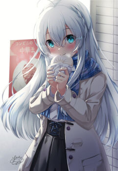 1girl absurdres ahoge aqua_eyes black_skirt blue_scarf blush braid cardigan closed_mouth commentary_request dumpling food grey_cardigan hair_between_eyes highres holding holding_food indie_virtual_youtuber long_hair looking_at_viewer misorano_shio plaid_clothes plaid_scarf scarf signature skirt solo upper_body very_long_hair virtual_youtuber white_hair yukikawa_sara