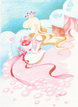 Rule 34 | 1girl, blonde hair, blue eyes, bouquet, closed mouth, colored pencil (medium), commentary request, crown, dress, expressionless, eyelashes, flower, from side, gloves, holding, holding bouquet, long hair, magicant, mother (series), mother 1, nintendo, pink dress, pink gloves, puffy short sleeves, puffy sleeves, queen mary, short sleeves, solo, tanba (tanba-art), traditional media