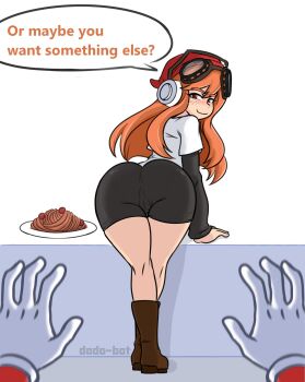 1boy 1girl ass bent_over blush boots come_hither dodo-bot english_text food gloves goggles goggles_on_head highres huge_ass leaning_forward long_hair looking_at_viewer looking_back mario mario_(series) meggy_spletzer nintendo orange_hair pasta pov pov_hands presenting red_eyes short_shorts shorts smg4 smile spaghetti sunset_paradise super_mario_bros._1 teasing