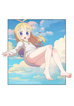 1girl absurdres ass barefoot blonde_hair blue_eyes cloud commentary english_commentary feet highres legs leims_(urje8584) long_hair no_panties open_mouth original solo sweater