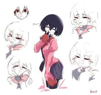 <o>_<o> 1girl :o \||/ arm_at_side artist_name azmcch belt black_belt black_eyes black_gloves black_hair black_necktie black_pantyhose black_shirt black_skirt blush bob_cut breasts closed_mouth collared_shirt covering_own_mouth cropped_legs dress_shirt from_side frown gloves hair_between_eyes hand_over_own_mouth hand_up head_tilt highres laughing long_sleeves looking_at_viewer looking_to_the_side monogatari_(series) multiple_expressions multiple_views naoetsu_high_school_uniform narrowed_eyes necktie open_mouth oshino_ougi pale_skin pantyhose pink_shirt pleated_skirt puffy_long_sleeves puffy_sleeves red_trim reference_sheet school_uniform serious shirt short_hair signature simple_background skirt sleeves_past_fingers sleeves_past_wrists small_breasts smile smirk smug solo_focus standing teasing tongue tongue_out turtleneck undershirt white_background wide-eyed