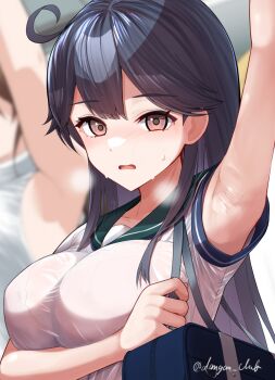 1girl armpit_focus armpits arms_up black_hair blush braid breasts brown_eyes commentary_request dangan_kurabu flying_sweatdrops highres kantai_collection large_breasts long_hair looking_at_viewer nervous on_train open_mouth original school_uniform see-through_clothes serafuku solo sweat sweatdrop train upper_body ushio_(kancolle) very_sweaty wet