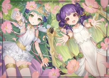 2girls :d :o alternate_costume border bracelet braid commentary commission dragon_girl dragon_wings dress fingernails fire_emblem fire_emblem:_the_sacred_stones fire_emblem:_three_houses fire_emblem_heroes flower gem green_eyes green_gemstone green_hair haru_(nakajou-28) highres jewelry long_hair lying multiple_girls myrrh_(fire_emblem) nintendo official_alternate_costume on_back on_grass open_mouth pink_flower pixiv_commission pointy_ears purple_eyes purple_hair reaching reaching_towards_viewer smile sothis_(aura_of_love)_(fire_emblem) sothis_(fire_emblem) thighlet twintails white_dress wings