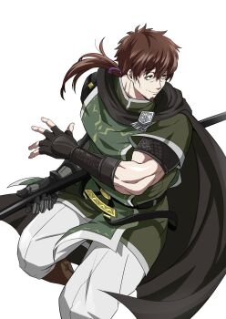 1boy black_cape boots brown_boots brown_hair cape cheekbones closed_mouth commentary_request facial_hair fate/grand_order fate_(series) fingerless_gloves gloves goatee green_tabard green_tunic hair_between_eyes haruto_(hit23ewluvnpfo6) hector_(fate) highres long_hair male_focus mature_male pants ponytail prosthesis prosthetic_arm simple_background smile solo tabard tunic white_background white_pants