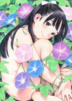 black_hair blue_flower blush bow breasts brown_eyes completely_nude fetal_position flower hair_bow knees_to_chest leaf long_hair looking_at_viewer morning_glory nude original petite pink_flower plant purple_flower small_breasts smile traditional_media vine_bondage vines yug_(ekaki)