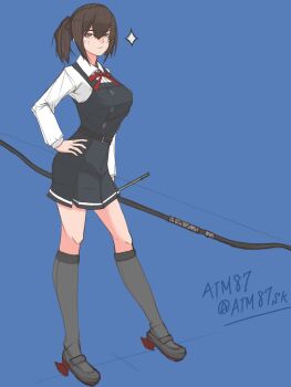 Rule 34 | 1girl, absurdres, archery, atm87, belt, black hair, black socks, blue background, blush, bow, bow (weapon), bowtie, breasts, brown eyes, cosplay, dress, full body, gloves, highres, kaga (kancolle), kantai collection, kasumi (kancolle), kasumi kai ni (kancolle), kasumi kai ni (kancolle) (cosplay), kyuudou, large breasts, long hair, long sleeves, neck ribbon, partially fingerless gloves, partly fingerless gloves, pinafore dress, red ribbon, ribbon, school uniform, shirt, short side ponytail, side ponytail, signature, sleeveless, sleeveless dress, socks, twitter username, weapon, white shirt, yugake