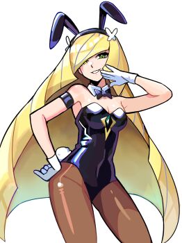 1girl absurdres animal_ears armband bare_shoulders black_bow black_bowtie black_hairband black_leotard blonde_hair bow bowtie breasts brown_pantyhose cleavage commentary detached_collar english_commentary fake_animal_ears fake_tail gloves green_eyes hair_over_one_eye hairband highres leotard long_hair looking_at_viewer lusamine_(pokemon) medium_breasts nintendo open_mouth pantyhose playboy_bunny pokemon pokemon_sm rabbit_ears rabbit_tail simple_background smile solo spyg strapless strapless_leotard tail very_long_hair white_background white_gloves